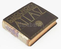 1934 Dr. Cholnoky Jenő: Földrajzi és statisztikai atlasz. 78 fő- és 155 melléktérkép. Világstatisztika. Szerk.: - - . Bp., 1934, Győző Andor. Harmadik kiadás. Kiadói haránt-alakú egészvászon-kötés, kopott borítóval, hiányzó gerinccel, foltos lapokkal, egy-két sérült, és egy javított lappal.