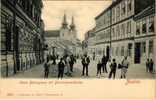 Znojmo, Znaim; Obere Böhmgasse mit Dominikanerkirche / street view, church, shops