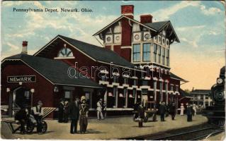 1914 Newark (Ohio), Pennsylvania Depot, railway station, locomotive, train (crease)