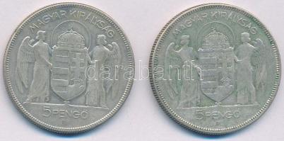 1930. 5P Ag "Horthy jobbra" (2x) T:F patina Adamo P8