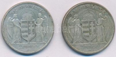 1930. 5P Ag "Horthy jobbra" (2x) T:VF,F patina Adamo P8