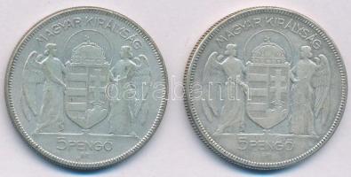 1930. 5P Ag "Horthy jobbra" (2x) T:VF,F patina Adamo P8