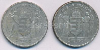 1930. 5P Ag "Horthy jobbra" (2x) T:VF,F patina Adamo P8