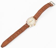 Pobeda mechanikus karóra, másodperc segédkörrel, bőr szíjjal, működik, számlap d: 28 mm