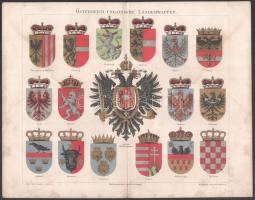 cca 1890 Österreich-Ungarische Länderwappen / Az Osztrák-Magyar Monarchia címerei, színes melléklet a Meyers Konversations-Lexikon 4. kiadásából, ázásnyomokkal, 24x30,5 cm