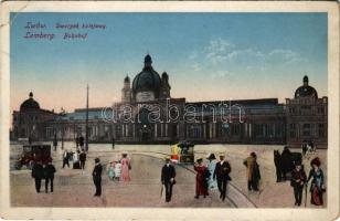 1916 Lviv, Lwów, Lemberg; Dworzek kolejowy / Bahnhof / railway station, tram, automobile (EB)