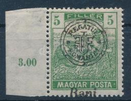 Nagyvárad 1919 Magyar Posta 5f ívszéli bélyeg ellentétes felülnyomattal, Bodor vizsgálójellel (rozsdapötty / small stain spot)