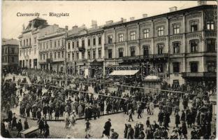 Chernivtsi, Czernowitz, Cernauti, Csernyivci (Bukovina, Bucovina, Bukowina); Ringplatz / square, market, restaurant and hotel, shops. Verlag Moritz Gottlieb (EM)