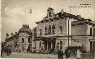 Chernivtsi, Czernowitz, Cernauti, Csernyivci (Bukovina, Bucovina, Bukowina); Musikverein mit Rudolfs Platz / square, music club, shop. Verlag Moritz Gottlieb