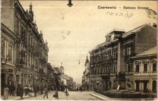 1916 Chernivtsi, Czernowitz, Cernauti, Csernyivci (Bukovina, Bucovina, Bukowina); Rathaus Strasse / street view, shops. Verlag David Gross (EK)