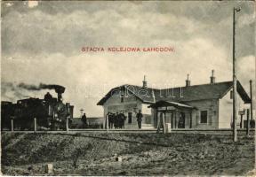 1910 Lahodiv, Lahodów; Stacya kolejowa / railway station, locomotive, train. Fototypia A. Trybalski (EK)