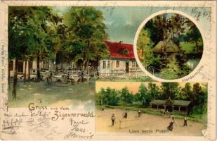 1902 Bielsko-Biala, Bielitz; Gruss aus dem Zigeunerwald. Restaurant Bloch, Herdermühle, Lawn tennis Platz / restaurant, mill, tennis court with players. Verlag Heinr. Jenkner Art Nouveau, litho (EB)