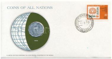 India 1979. 10p Al "Nemzetek pénzérméi" felbélyegzett borítékban, bélyegzéssel T:UNC India 1979. 10 Paise Al "Coins of all Nations" in envelope with stamp and cancellation C:UNC