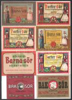 Kis Családi Sör, Kőbányai Barna Sör, Porer Sör, stb. italcímkék, 16 db