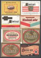 Királyi Sör, Duna Beer Type Pilsen, Téli Sör, Szent János Sör, Góliát Sör, stb. sörcímkék, 15 db, némelyik felületén törésnyom