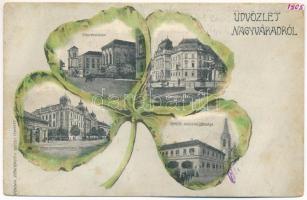 1905 Nagyvárad, Oradea; Főgimnázium, Pénzügyigazgatósági palota, Fekete apácák zárdája, Törvényszéki palota. Színházi Tőzsde kiadása, szecessziós lóherés montázs, Kapható Rákosi Vilmosnál / school, nunnery, palaces of justice and finance. Art Nouveau litho montage with clover (EK)