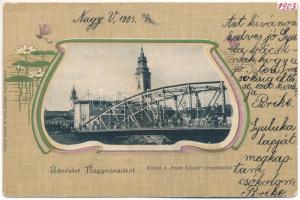 1903 Nagyvárad, Oradea; Kis híd a Szent László templommal. Csathó Gábor és társa kiadása / bridge and church. Art Nouveau, floral, litho