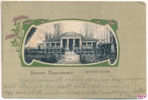 1904 Nagyvárad, Oradea; Sport-téri lövölde "Haladjunk a czél felé!". Csathó Gábor és társa kiadása / shooting hall. Art Nouveau, floral, litho (fa)