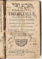 [Melchior, Johan (1646-1689)] Johannes Melchioris: Sóres Dávár Sive Fundamenta Theologiae Didascalicae. Summarum veritatum aphocristico nexu, denudato simul errorum hodiernorum nervo, in usum auditorii sui concinnata a Johanne Melchioris, SS. Th. D. &amp; P.P. nunc vero in usum studiosa juventutis Hungaricae, denovo in lucem edita. Claudiopolis [Kolozsvár], 1701, Ex Officina Nicolai Kis de M. Tótfalu [Misztótfalusi Kis Miklós], 8 sztl. lev.+268 p.+2 sztl. lev. Latin nyelven. Korabeli egészbőr-kötés, kopott borítóval, sérült gerinccel, a könyvtest részben elvált a borítótól, hiányzó szennylapokkal, a címlapon és az utolsó két lapon, valamint a kötéstáblák belsején bejegyzésekkel, az utolsó lap foltos, benne további kissé foltos lappal. Ritka! RMK II. 2064.