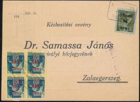 1945 (3. díjszabás) Távolsági levél 10P bérmentesítéssel, &quot;KUSTÁNSZEG&quot; postaügynökségi bélyegzéssel. Kézbesítési vevény levélként küldve, igen ritka!