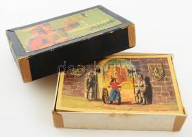 cca 1940 Történelmi fejtörő társasjáték 50 db kártyával, eredeti dobozban, leírással