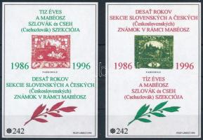 1996 10 éves a MABÉOSZ szlovák és cseh szekciója emlékív pár azonos No 242 sorszámmal (8.000)