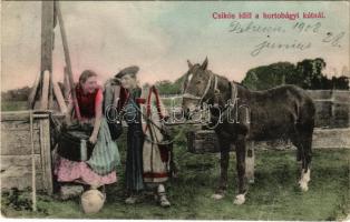 1908 Hortobágy, Csikós idill a hortobágyi kútnál, magyar folklór. Pongrácz Géza kiadása (EK)