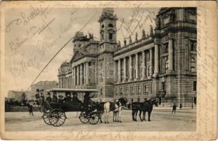 1905 Budapest V. Szabadság tér, Igazságügyi palota, négyesfogat, hintó (EK)