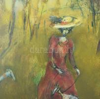 Tóth Ernő (1949-): Szabadban (hölgyek kutyákkal), 1985. Olaj, farost. Jelzett. Hátoldalon Tóth Ernő ...