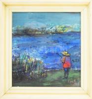Tóth Ernő (1949-): Horgász. Olaj, farost. Jelzett. Üvegezett fakeretben. 37x34,5 cm