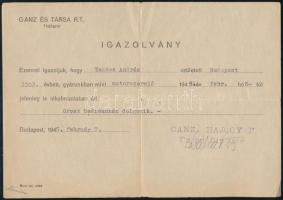 1945 Bp., Ganz és Társa R.T. Hajógyár igazolványa hadimunkás részére