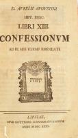 D. Aurelii Augustini Hipp. Episc. Libri XIII. Confessionum. Ad III. MSS exemp. emendati. Lipsiae, 1740, Gotthard Joannem Püttnerum, 2+456+14 p. Latin nyelven. Korabeli kartonált papírkötés, kopott borítóval, kissé sérült gerinccel, 6 oldalig a lapok alján kis lyukakkal.