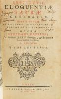 Kaprinai István: Institutio eloquentiae sacrae generatim. usui tironum et veterum, ac recentiorum praceptionibus concinnata. Tomulus Prior. Cassoviae, 1758, Typis Cassoviensibus Soc. Jesu, 1 t.+16+752+14 p. Latin nyelven. Korabeli egészbőr-kötés, kopott borítóval, foltos, kissé sérült gerinccel, foltos lapokkal, az utolsó lapokon kis lyukakkal.