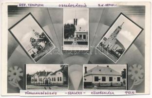 1943 Szalárd, Salard; Református és római katolikus templom, főszolgabíróság, községháza, országzászló / churches, court, town hall, Hungarian flag