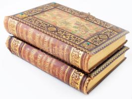 Biblia. Az üdvnek ó- és új-szövetségi történelme rendszeres előadásban. I-II. kötet. Klasszikus mesterek alkotásai után készült 126 színes képpel, és pályanyertes tervek alapján előállított családi krónikával. I. kötet: Az üdvnek Ó-szövetségi történelme. Előszóval ellátta: Vaszary Kolos. Írta Dedek Crescens Lajos. II. kötet: Az üdvnek új-szövetségi történelme. Előszóval ellátta: Császka György. Írta: Hock János. Lipcse, Budapest, Bécs, 1897, Herzig Miksa. Gazdagon díszített, aranyozott , dombornyomott, féldrágakövekkel kirakott, fémcsatos kiadói egészbőr-kötésben, aranyozott lapélekkel, a borítón kopásnyomokkal, a II. kötet elülső tábláján egy foltban az illusztráció lekopott, a gerinceken sérülésekkel és az I. kötet sérült, javított gerinccel, az I. kötetről az egyik kő hiányzik, a táblákat védő hártyapapírok egy része sérült, hiányos (főleg a II. kötetben.)