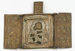 Úti ikon - triptichon. cca 19. sz. közepe, orosz, ezüstözött bronz, középső táblán a Vlagyimiri Istenanya, szárnyakon szentek ábrázolásával, 7x9,5 cm