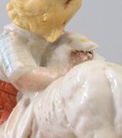 Régi német porcelán kislány kecskével. Jelzett, kis kopással, 13x13 cm