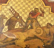 2 db templomi stáció, fém lemezre ragasztott papír, fa alapos, sérülésekkel, 39×25 cm