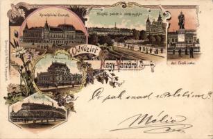 1898 Nagyvárad with Commerical hall, Museum and St Laszlo statue litho