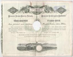 Budapest 1890. "Már(a)marosi Sóvasut-Részvény-Társaság" törzsrészvénye 100Ft-ról szárazpecséttel, felülbélyegzéssel T:VG nagyobb anyaghiány, gemkapocs nyom, szakadás