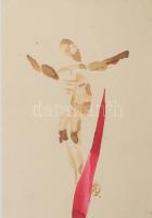 Csavlek András (1942-): Korpusz. Akvarell, diópác, papír, jelzett, üvegezett keretben, 21,5×14 cm