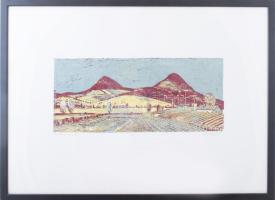 Csavlek András (1942-): Balatoni hegyek. Színes linómetszet, papír, jelzett, számozott (12/3). Plexi...