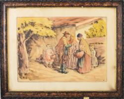 Révész Imre (1859-1945): Vásár, színezett rézkarc, papír, jelzett. Üvegezett, dekoratív, kissé sérül...