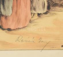 Révész Imre (1859-1945): Vásár, színezett rézkarc, papír, jelzett. Üvegezett, dekoratív, kissé sérül...