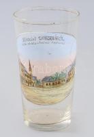 cca 1900 Dobsinai emlékpohár. Fő téri részlet a luteránus templommal. Hutaüveg, kopással m: 12 cm / Circa 1900 Dobsina souvenir glass. Main Square with the Lutheran church. Craft glass, with wear, height: 12 cm"