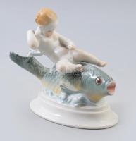 Herendi halon lovagló puttó, kézzel festett, jelzett porcelán figura hibátlan állapotban, m: 12 cm