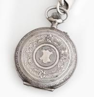 Ezüst (Ag) zsebóra, ezüst (Ag) lánccal, jelzett, bruttó: 70 g, számlap d: 24 mm