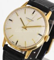 Longines 14K arany (Au) vintage kézi felhúzós karóra. szép számlappal, bőr szíjjal, működő, jó állapotban d: 33 mm