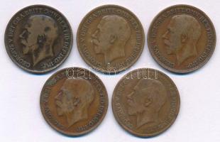 Nagy-Britannia 1917-1921. 1p bronz "V. György" (5db, 4xklf) T:F United Kingdom 1917-1921. 1 Penny bronze "George V" (5pcs, 4xdiff) C:F Krause KM#810