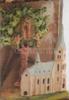 Asztali oltár. Szűz Mária-jelenés ábrázolása üvegezett fa vitrinben, alján certifikát a rendházfőnök...